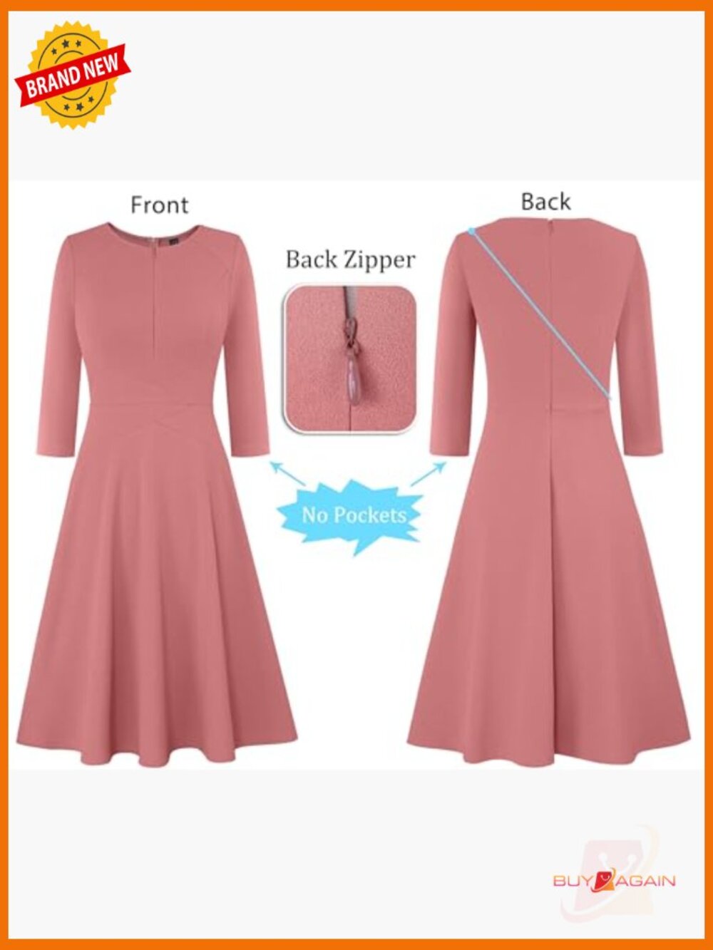 Front Zipper A-Line Dress 3/4 Sleeve Work Office Swing Knee Length - Picture 4 of 5